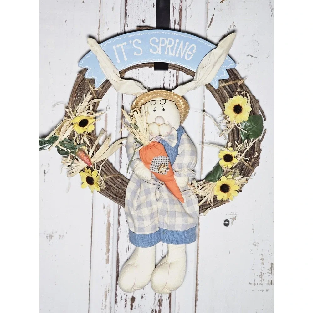 Vintage Easter Bunny Spring Grapevine Wreath Rustic Floral Door Decor